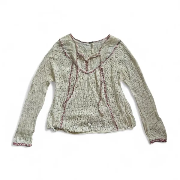 Free People Cream Knit Peasant Top Size S Bohemian Sheer Lace Detail Long Sleeve - Image 2