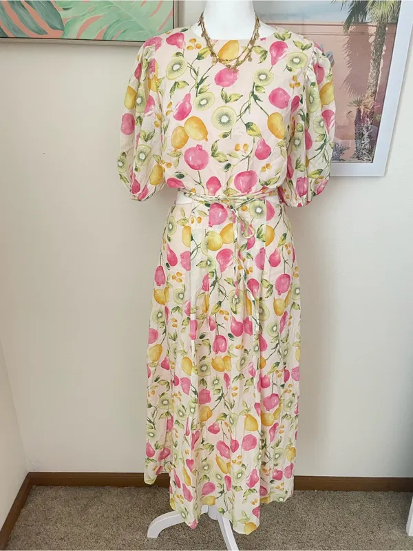 Anthropologie En Saison Ula Midi Dress in Pink Fruits Multi Size Medium - Image 4