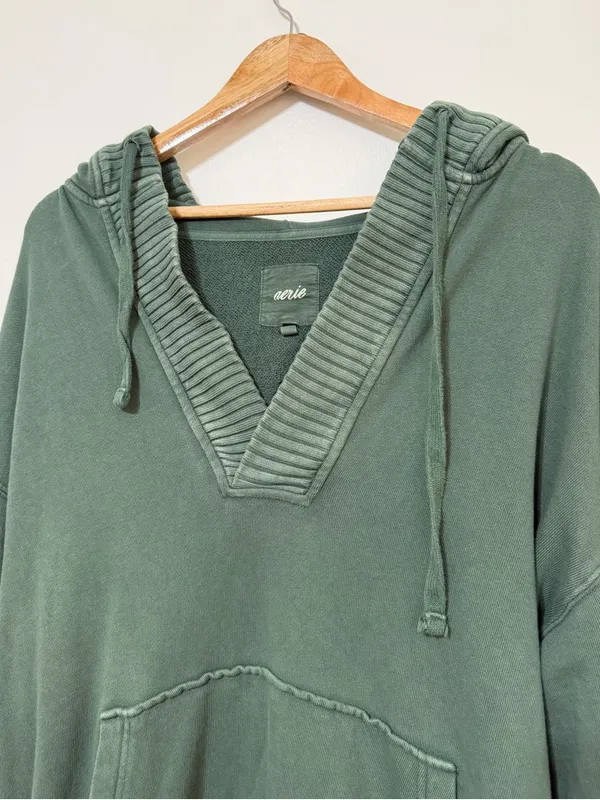 Aerie Down To Earth Henley Hoodie Oversized Fleece Green Size Small Oversized - Image 4