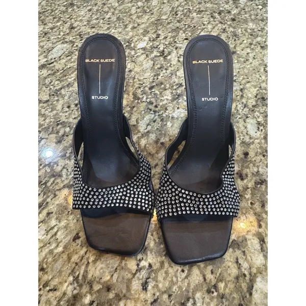 BLACK SUEDE STUDIO Onyx Crystal Embellished Mule Sandals Black Size 38.5 US 8.5 - Image 2