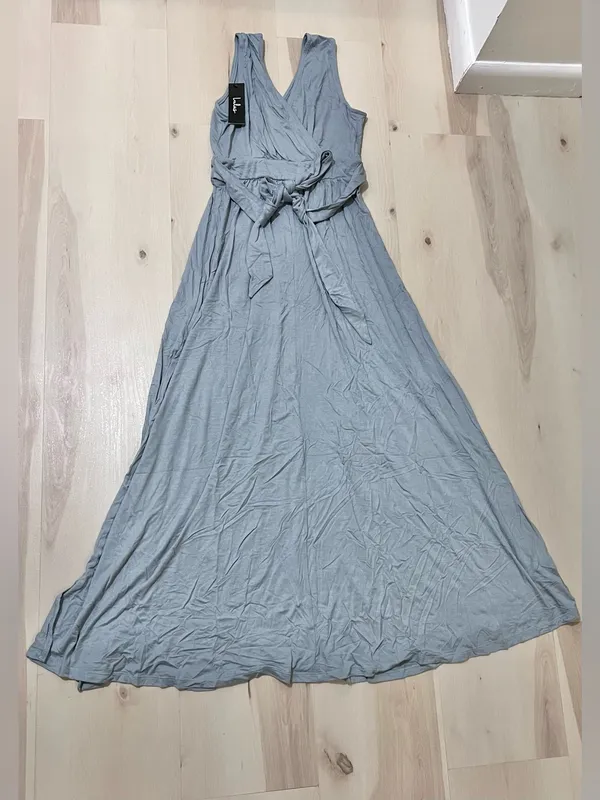 Lulus NWT Women XS Pale Dusty Blue Jersey Knit Surplice Slit Maxi Dress - Image 13