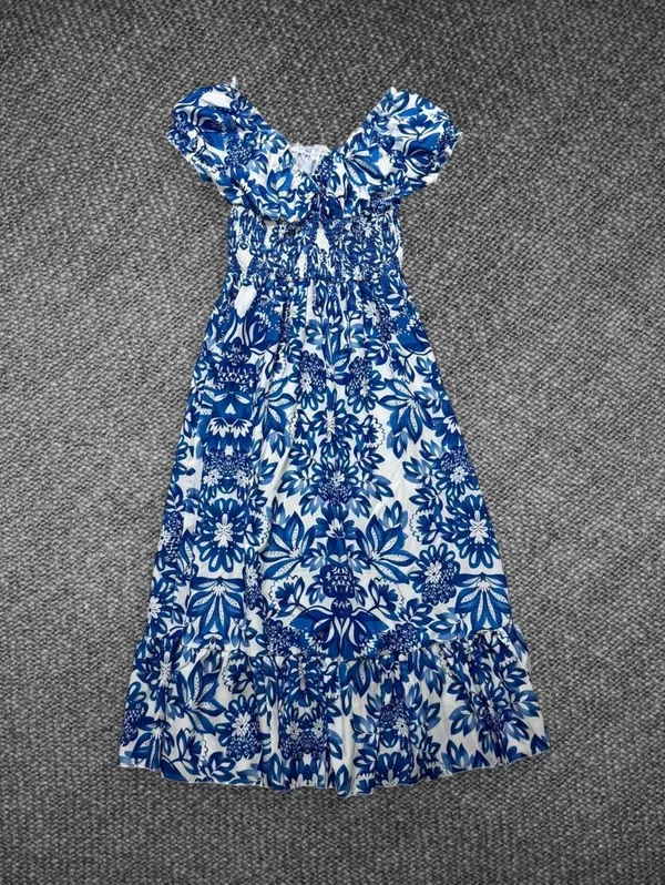 Blue White Floral Smocked Puff Sleeve Maxi Dress Size M - Image 7