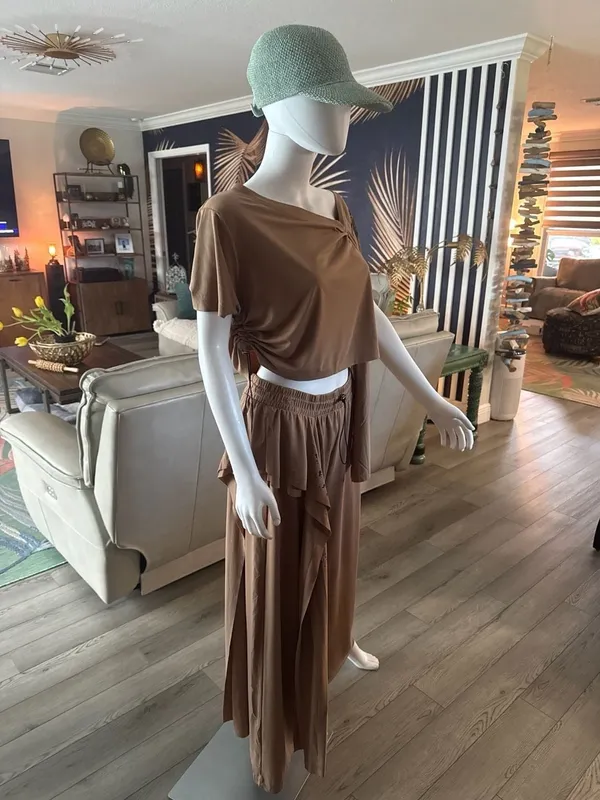 BUKEZY Brown 2-Piece Crop Top and Wide Leg Ruffle Pant - Image 7