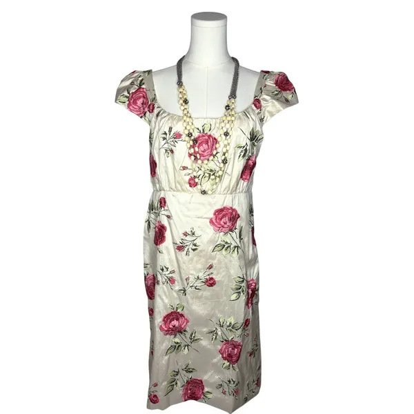 vintage Ivory Floral Brocade Pink Rose Print Empire Waist Cottagecore Midi Dress - Image 3