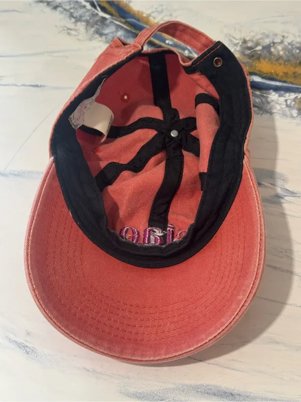 Free People Coral Baseball Cap with Purple 'ciao' Embroidery - Image 6