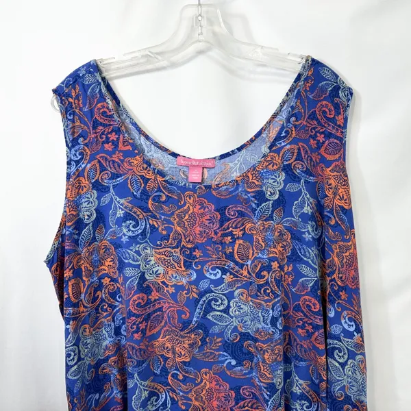 Woman Within 1X Tank Top 22/24W Blue Orange Paisley Sleeveless Rayon Coastal 750 - Image 3