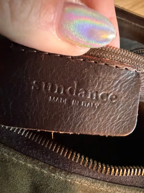Sundance Suede Shoulder Bag in Taupe with Brown Leather Strap - Image 5