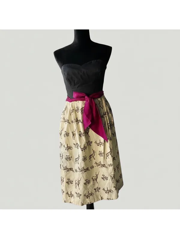 Strapless Vintage Corset Cottage Fit & Flare Twee Dress US2 Black Cream W/ Sash - Image 2