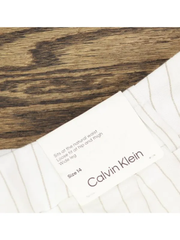 NEW Calvin Klein Pinstriped Pleated Pants Linen Blend Lined White / Khaki 14 - Image 9