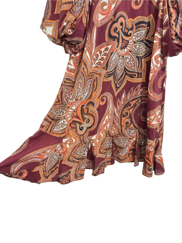 FARM Rio Paisley Floral Print Mini Dress Burgundy Puff Sleeve Size Large - Image 4