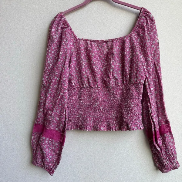 American Eagle Peasant Boho Shirt Cottage Pink Floral 100% Cotton Size Medium - Image 6