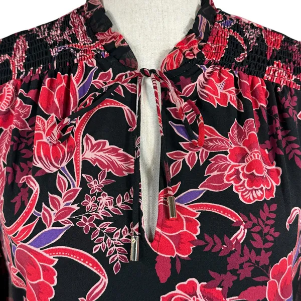 WHBM Small Tunic Top Floral Lined Long Balloon Sleeve Stretch Keyhole Smocked - Image 2