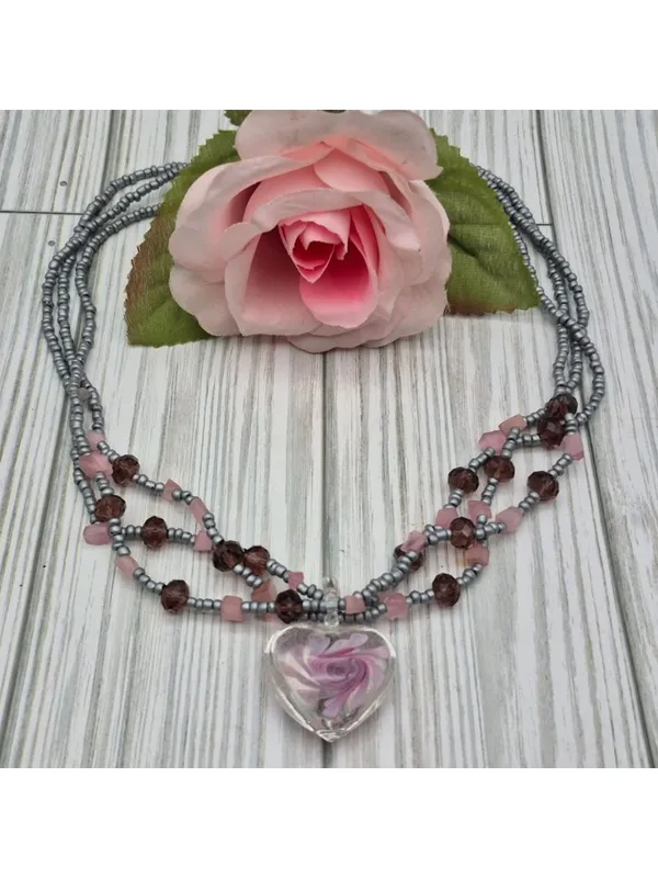 Artisan Silver & Pink Beaded Necklace With Glass Floral Heart Pendant 21" Fairy - Image 3