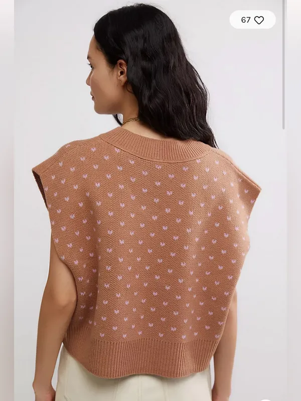 Free People V-Neck Cropped Knit Vest in Light Brown with Pink Accents - Image 2