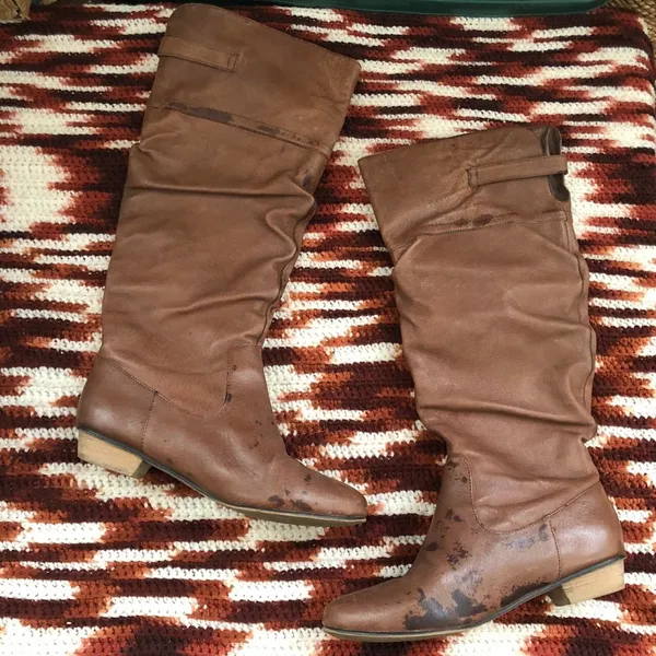 RARE Unique Genuine Leather Brown knee-high western Cowboy Cowgirl Cow Paint Splatter boots kitten block heel Slouch Ruched Scrunched Round Toe #hippie #indie Women 7.5M Measurement in pics - Image 2