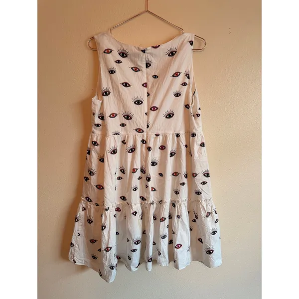 Nicole Miller Dress‎ Women Large White Evil Eye Embroidered Tiered Babydoll Mini - Image 4