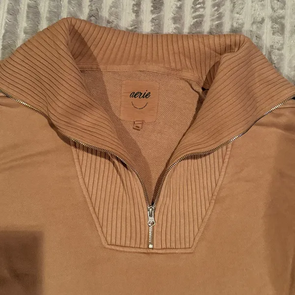 Aerie Oversized Quarter Zip Sweatshirt Tan‎ Ribbed Trim Pullover XS - Image 3
