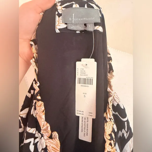 Anthropologie Black Floral Mini Dress with Beige Trim - Image 14