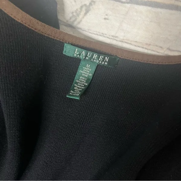 LAUREN RALPH LAUREN Black Cotton Knit Jacket Brown Faux Suede Trim Size Medium - Image 8