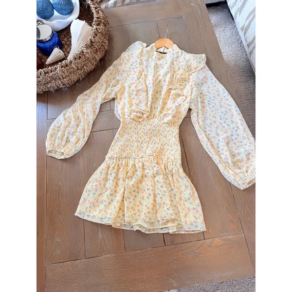 Sabo Skirt Floral Mini Dress Womens Yellow Small Smocked Ruffle Open Back - Image 9