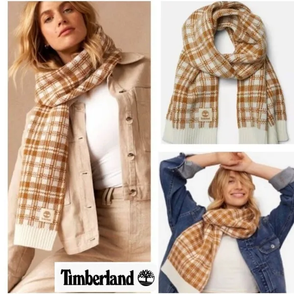 Timberland‎ Buffalo Plaid Knit Scarf in Wheat/Cream Chunky Women’s Unisex OS NWT - Image 2