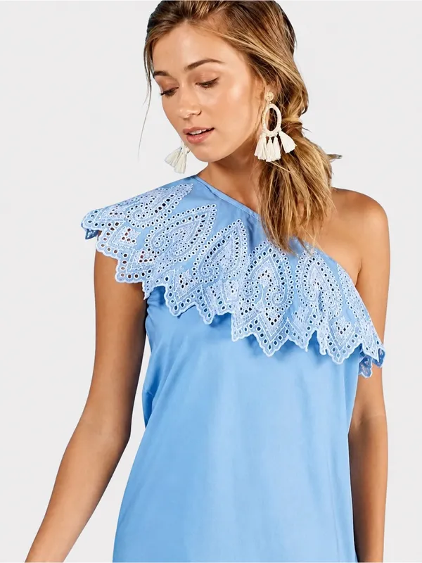 Mud Pie Laurel Periwinkle One Shoulder Eyelet Cotton Dress XS 0-2 NEW - Image 4