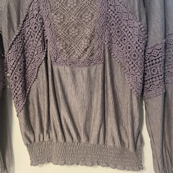 Knox Rose Blouse Top Purple Crochet Lace Peplum Long Sleeve Keyhole Peasant Med - Image 5