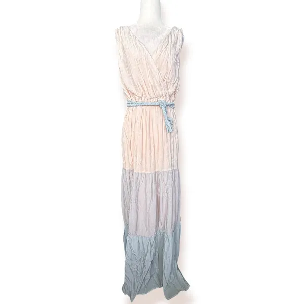 Flying Tomato Maxi Dress Blush Pink Blue Colorblock Crinkle Boho Resort Belted - Image 3