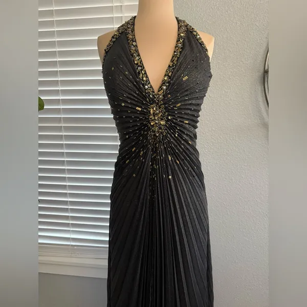 Sue‎ Wong Nocturne Halter Pleated Beaded Gown Size 8 Travilla Style Black & Gold - Image 2