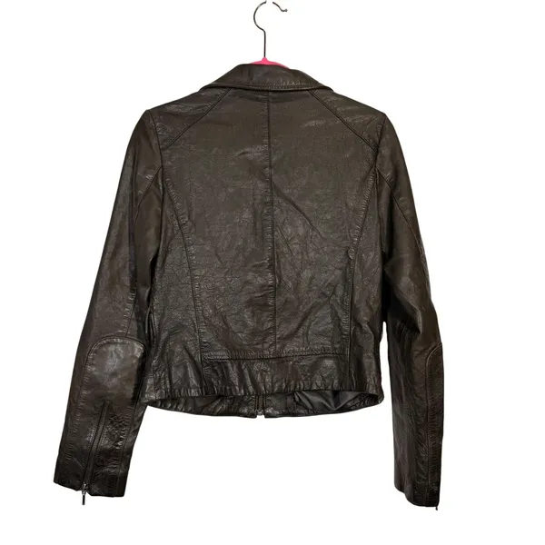 Boston Proper Leather Moto Jacket‎ Women's Size 2 Olive Green Zip Front Pockets - Image 11