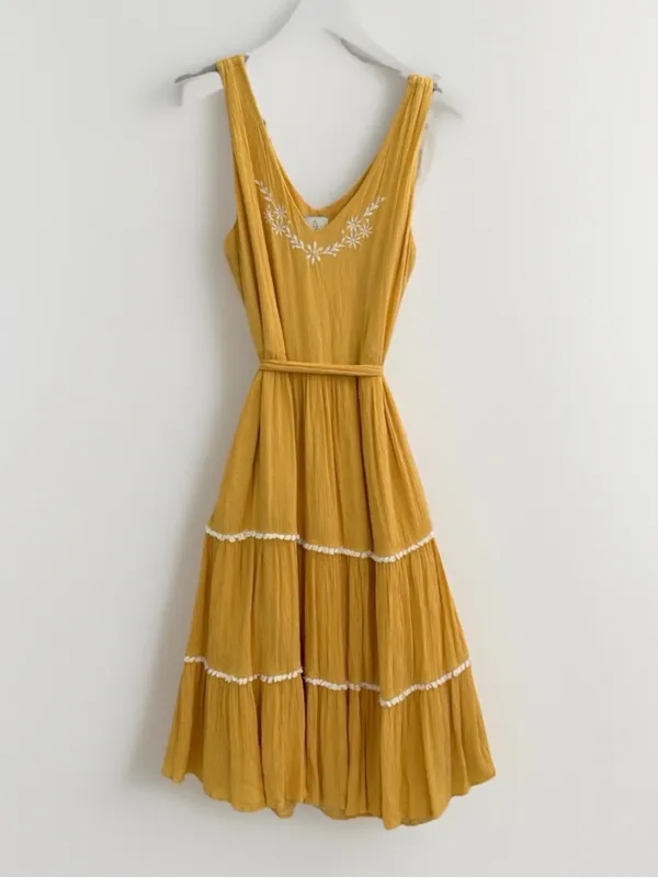 NEW Joie Mustard Sleeveless Tiered Midi Dress with Waist Sash SIZE 8 Boho - Image 4
