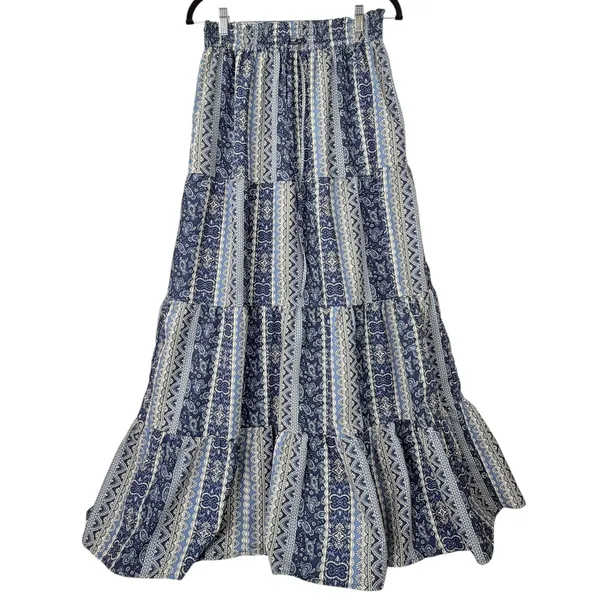 Boho Paisley Patchwork Maxi Skirt Tiered Elastic Waist Floral Blue Womens Size M - Image 2