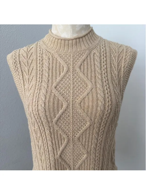 Polo Ralph Lauren Beige Cable Knit Sleeveless Tunic Sweater Mock Neck - Size M - Image 2