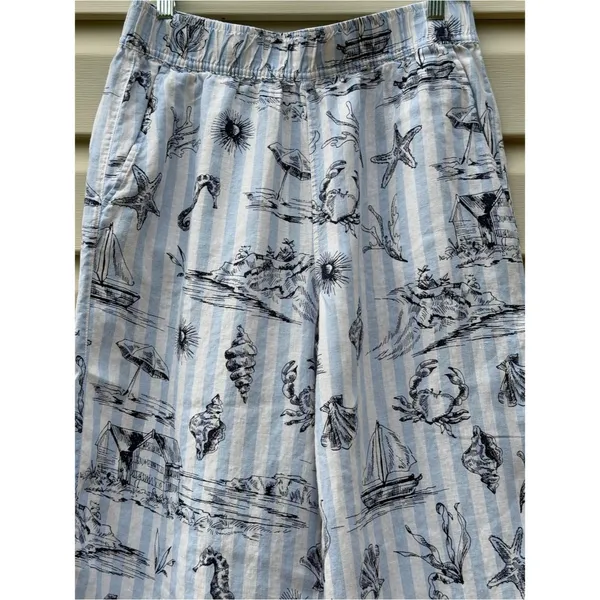 Martha Stewart Linen Beach Print Crop Pants Blue White Nautical Size Medium - Image 10