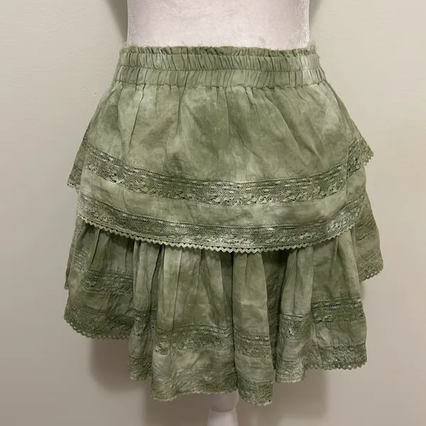 LoveShackFancy Tiered Ruffle Mini Skirt Moss Green Hand Tie Dye Size Medium - Image 7