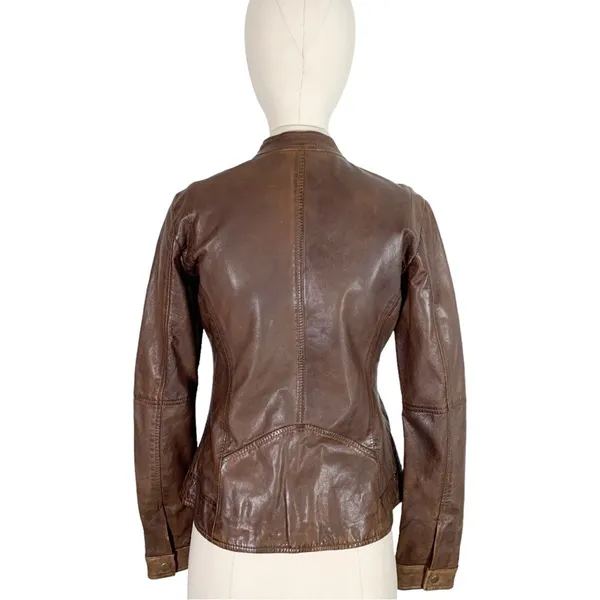 Burns 1876 Leather Embossed Zip Up Jacket Brown Size Small - Image 5