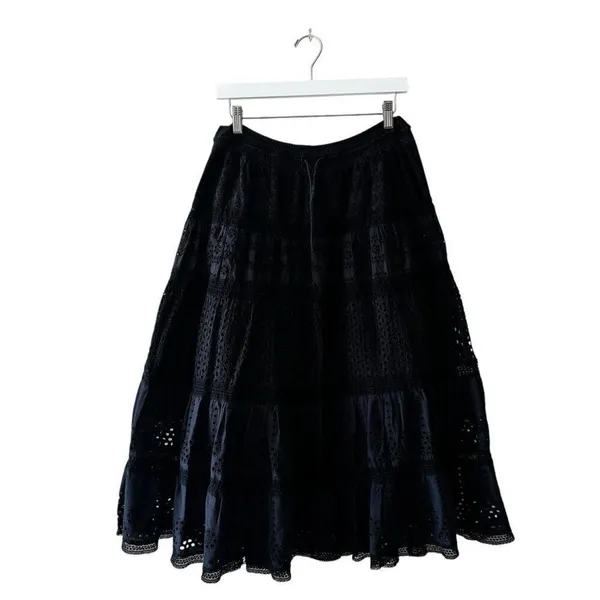 Ralph Lauren Y2K black eyelet tiered lined midi skirt Sz M # 2403 - Image 2