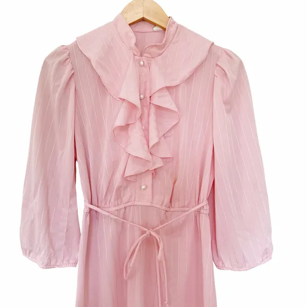 Vintage 70s Pink Ruffle Romantic Prairie Cottagecore Dress Sz S - Image 2