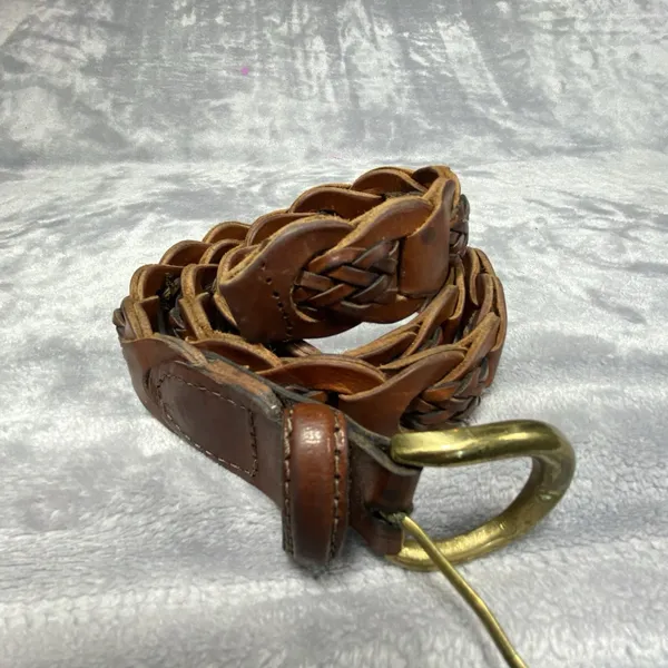 VTG Women's Braided Belt Small Brown Genuine Leather Chain Style Brass Buckle‎ - Image 2