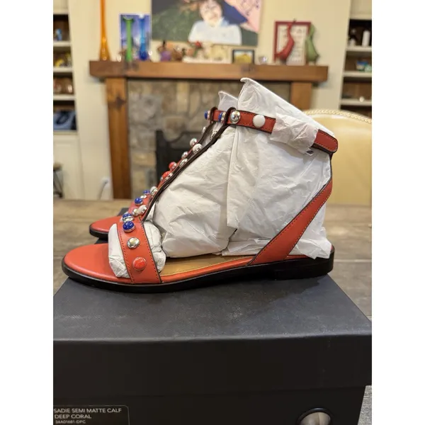Coach Sadie Semi Black Calf Studded Sandals Size 6.5 Deep Coral T Strap - Image 3