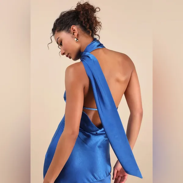 Lulus Reglan Blue Satin One-Shoulder Sash Midi Dress Size Medium NWT Formal Sexy - Image 3