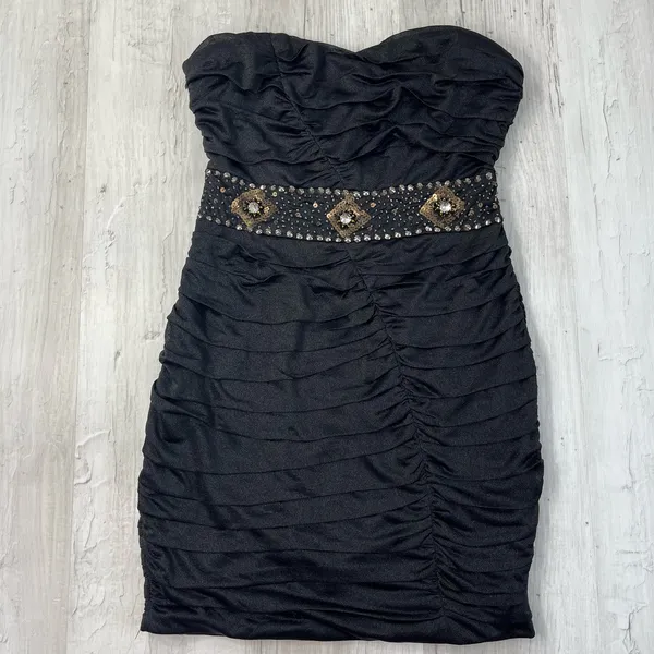 Nikibiki Black Strapless Ruched Gold Rhinestone Bling Bodycon Mini Dress Size M - Image 2