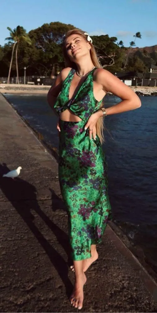 Zara maxi floral satin dress wedding evening party Floral Green Cutout Dress - Image 4