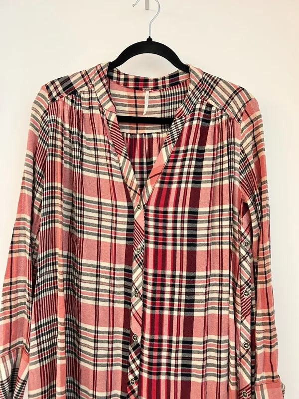 Free People Loralei Plaid Shirt Dress Tunic Red Pink Western Festive Size XS - Image 5