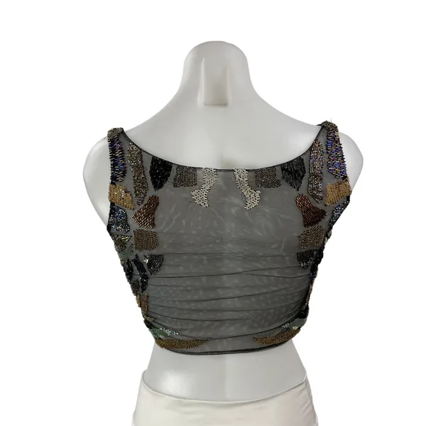 Women's Black Beaded Patchwork Mesh Sleeveless V Neck Cami Tank Crop Top Size S - Image 3