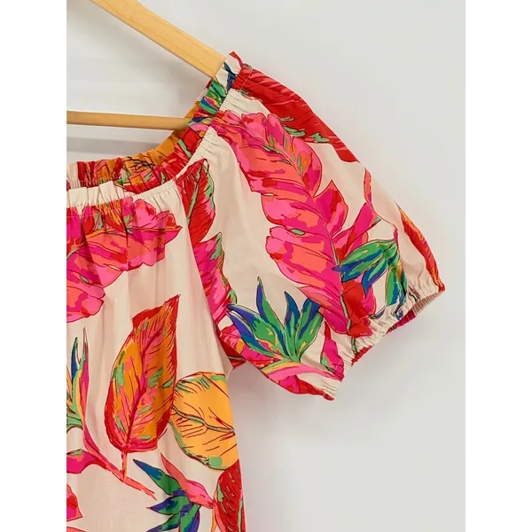 Nine West Tropical Leaf Off Shoulder Dress Small Puff Sleeve‎ Vacation Pockets - Image 3