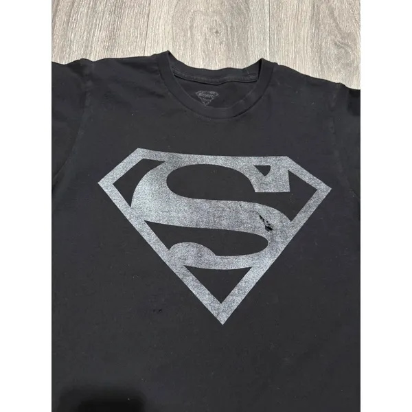Superman Shirt S DC Comics Graphic Black Grey Striped Sleeve Varsity Tee Women - Image 2