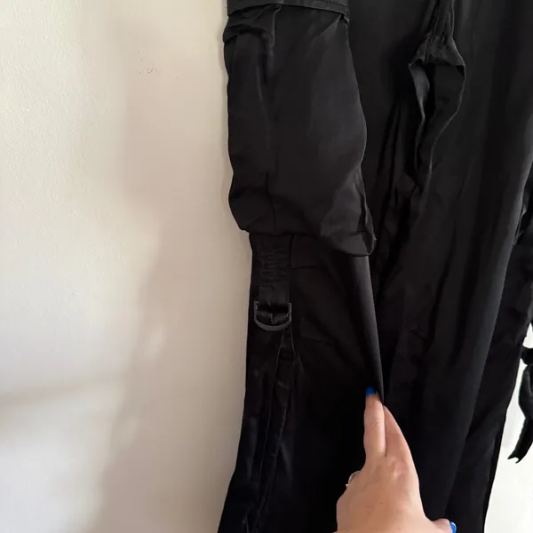 ZARA | Black Satin Baggy Cargo Pants with Drawstring ankles | Medium - Image 2