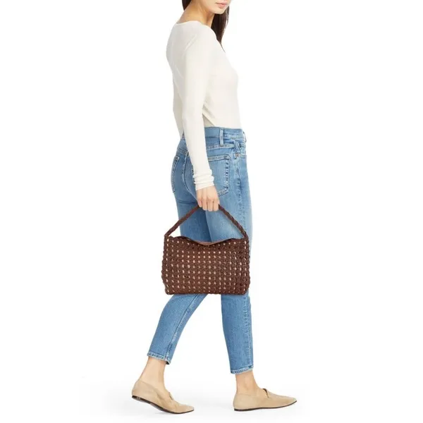 NWT Vince Camuto Brown Leather Woven Boho Macremé Top Handle Shoulder Bag - Image 3