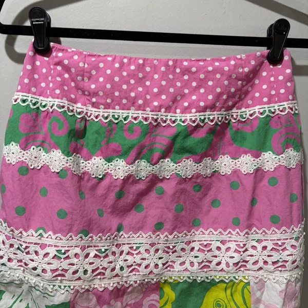 Lilly Pulitzer Multicolor Floral PrintPolka Dot Lace Trim‎ Cotton Skirt 8 Pink - Image 4